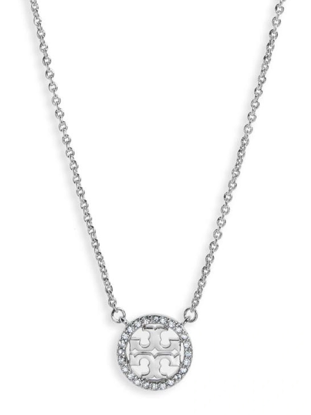NWOT Tory Burch Silver Crystal Logo Circle Necklace